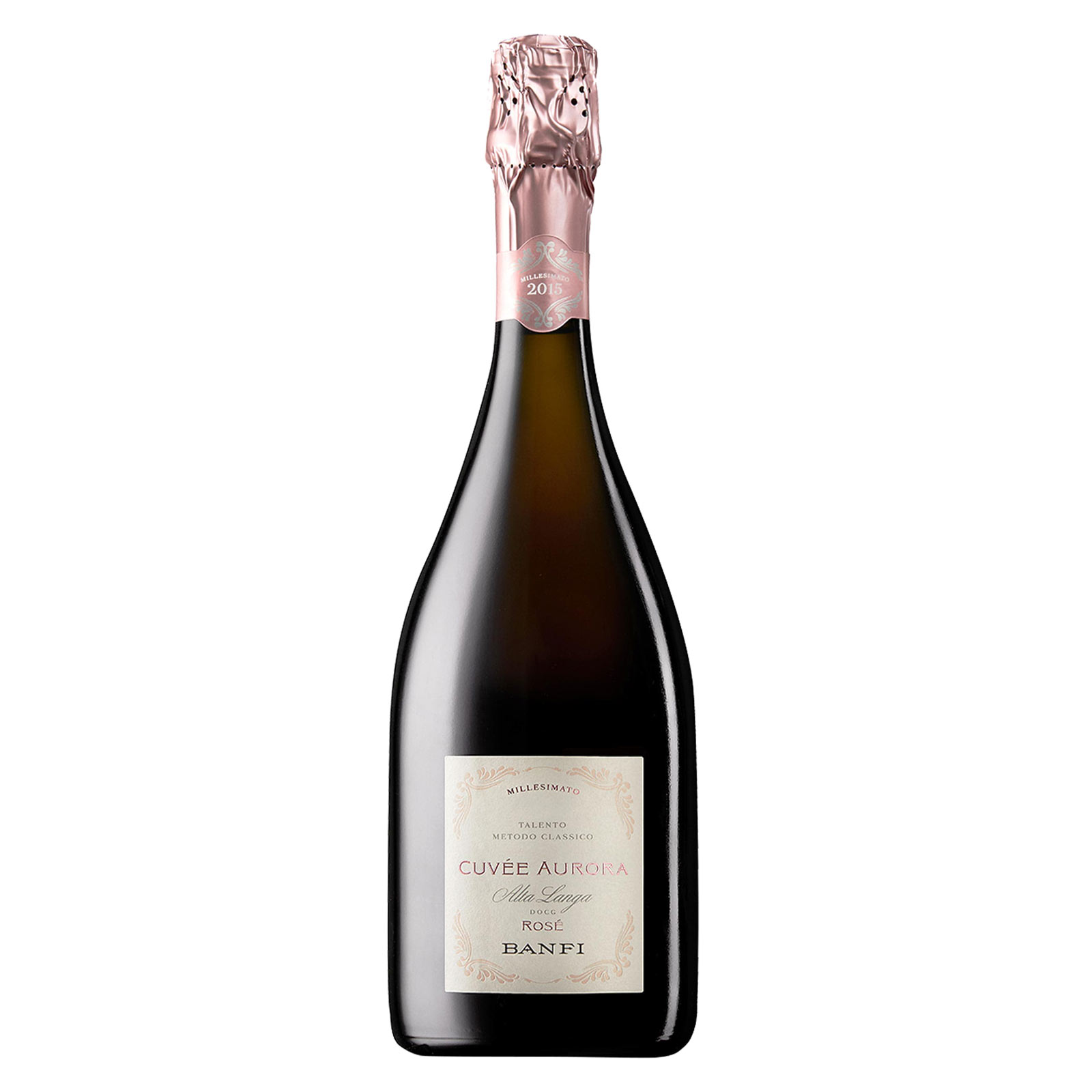 Cuvée Aurora Rosé Alta Langa DOCG Extra Brut 2016 Banfi, 100% Pinot Nero delle alte colline Piemontesi. Per pesce antipasti e crostacei.
